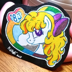 Size: 1609x1603 | Tagged: safe, artist:binkyt11, surprise, pegasus, pony, g1, g2, g3, g3.5, 1983, 35th anniversary, 80s, adoraprise, bow, bust, cloud, cute, female, g1 to g4, generation leap, hair bow, heart, logo, looking back, mare, signature, solo, starry eyes, traditional art, wingding eyes