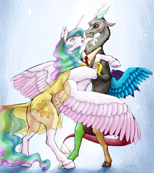 Size: 4000x4500 | Tagged: safe, artist:holka13, derpibooru exclusive, discord, princess celestia, alicorn, draconequus, pony, g4, absurd resolution, clothes, dancing, female, male, mare, realistic, ship:dislestia, shipping, straight