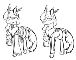 Size: 747x595 | Tagged: safe, artist:cantershirecommons, oc, oc only, kirin, antlers, braid, clothes, cloven hooves, female, horns, jewelry, lineart, monochrome, robes, scales, solo