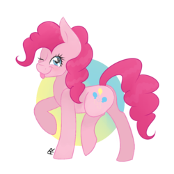 Size: 894x894 | Tagged: safe, artist:pitifulrocks, pinkie pie, earth pony, pony, g4, cute, digital, female, food, one eye closed, raised hoof, simple background, solo, tongue out, transparent background, wink
