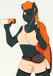 Size: 2760x3896 | Tagged: safe, artist:paperdakku, oc, oc only, anthro, anthro oc, belly button, clothes, commission, digital art, female, headphones, high res, mare, midriff, one eye closed, orange hair, orange mane, shorts, signature, simple background, smiling, solo, sports bra, white background, wink, ych result