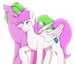 Size: 3424x2928 | Tagged: safe, artist:paperdakku, oc, oc only, oc:cyclone stormy, oc:cyclonestormy, unnamed oc, pegasus, pony, unicorn, ambiguous gender, blushing, commission, cute, digital art, eyes closed, folded wings, high res, looking at each other, oc x oc, one eye closed, shipping, simple background, smiling, white background, wings, wink, ych result