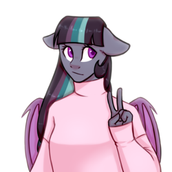 Size: 4000x4000 | Tagged: safe, artist:paperdakku, oc, oc only, oc:fizzy pop, bat pony, anthro, absurd resolution, anthro oc, clothes, commission, digital art, female, floppy ears, folded wings, frown, looking sideways, mare, multicolored hair, multicolored mane, shirt, simple background, solo, victory sign, white background, wings, ych result