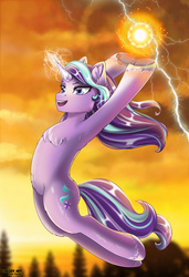 Size: 616x900 | Tagged: safe, artist:lifejoyart, starlight glimmer, pony, unicorn, g4, armpits, blurry background, chest fluff, commission, digital art, female, fireball, glowing horn, happy, horn, jumping, mare, open mouth, signature, smiling, solo, sunset, wavy mane, ych result