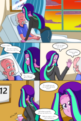 Size: 1050x1575 | Tagged: safe, artist:jake heritagu, aria blaze, oc, oc:smooth tone, comic:aria's archives, comic:nursing home, equestria girls, g4, bust, clothes, comic, curtains, dialogue, female, hoodie, male, mother and son, offspring, parent:aria blaze, portrait, speech bubble, window