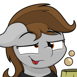 Size: 1080x1080 | Tagged: safe, artist:ljdamz1119, oc, oc only, oc:penny page, pony, cider, drunk bubbles, female, floppy ears, mare, open mouth, simple background, solo, tankard, transparent background