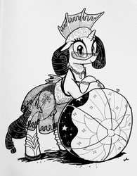 Size: 996x1280 | Tagged: safe, artist:docwario, rarity, pony, unicorn, g4, beach ball, bikini, black and white, clothes, female, fin, grayscale, headdress, jewelry, leaning, looking at you, monochrome, necklace, raritober, see-through skirt, smiling, solo, sunglasses, swimsuit