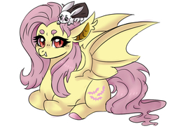 Size: 988x739 | Tagged: safe, artist:evergreen-gemdust, angel bunny, fluttershy, bat pony, pony, g4, cape, clothes, fangs, female, flutterbat, mare, ponyloaf, prone, race swap, simple background