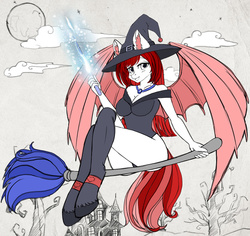 Size: 901x850 | Tagged: safe, artist:lifejoyart, oc, oc only, pegasus, anthro, unguligrade anthro, advertisement, anthro oc, auction, breasts, broom, clothes, cloud, commission, digital art, ear fluff, female, flying, flying broomstick, hat, looking at you, magic, magic wand, mare, moon, red hair, red mane, shirt, smiling, solo, witch, witch hat, ych example, your character here