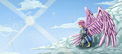 Size: 3000x1333 | Tagged: safe, artist:brother-lionheart, scootaloo, human, g4, clothes, cloud, female, goggles, humanized, large wings, sky, solo, uniform, wings, wonderbolts uniform