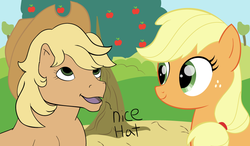 Size: 960x560 | Tagged: safe, artist:trash anon, applejack, applejack (g1), earth pony, pony, g1, g4, my little pony 'n friends, 35th anniversary, accessory swap, apple, apple tree, applejack's hat, cowboy hat, dialogue, eyes on the prize, food, g1 to g4, generation leap, generational ponidox, hat, looking at each other, looking up, open mouth, smiling, talking, tree