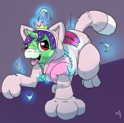 Size: 1636x1621 | Tagged: safe, artist:softballoonpony, oc, oc only, oc:crescent star, crystal pony, crystal unicorn, pony, unicorn, alchemy, catsuit, clothes, costume, crossdressing, cute, dress, kigurumi, male, naughty, potion, sequence, simple background, sissy, smiling, smug, solo, super crown, toadette, transmutation circle