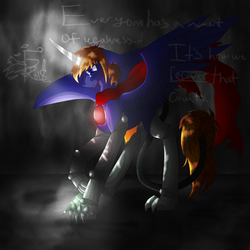 Size: 5800x5800 | Tagged: safe, artist:florarena-kitasatina/dragonborne fox, pony, absurd resolution, artificial alicorn, artificial horn, augmented, chest gem thingy, claws, crossover, crying, floppy ears, knife, metal claws, mira (sora), muffler, ponified, quote, sad, signature, simple background, solo, spread wings, tail wrap, watermark, wings