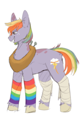 Size: 1024x1536 | Tagged: safe, artist:little-macrophage, oc, oc only, oc:apple sorbet, earth pony, pony, bandage, clothes, female, freckles, horse collar, mare, offspring, parent:big macintosh, parent:rainbow dash, parents:rainbowmac, rainbow hair, rainbow socks, simple background, socks, solo, striped socks, transparent background, unshorn fetlocks