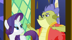 Size: 1280x720 | Tagged: safe, screencap, rarity, sludge (g4), dragon, pony, father knows beast, g4, clothes, disgusted, displeased, door, lidded eyes, pointing, raised eyebrow, robe, twilight's castle