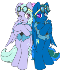 Size: 2121x2440 | Tagged: safe, artist:sapphfyr, flitter, oc, oc:midnight rush, pegasus, pony, g4, bipedal, clothes, female, goggles, high res, marriage, simple background, transparent background