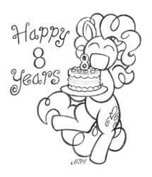 Size: 1280x1489 | Tagged: safe, artist:texasuberalles, pinkie pie, earth pony, pony, g4, birthday cake, cake, eyes closed, female, food, grayscale, happy, happy birthday mlp:fim, hoof hold, mare, mlp fim's eighth anniversary, monochrome, pencil drawing, simple background, smiling, solo, traditional art, white background
