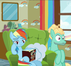 Size: 535x497 | Tagged: safe, edit, edited screencap, editor:redweasel, screencap, rainbow dash, zephyr breeze, pegasus, pony, flutter brutter, g4, animated, chair, cloud, cloud house, cropped, duo, female, good end, happy, house, male, rainbow, reading, reversed, window