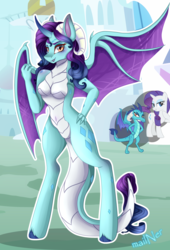 Size: 2000x2938 | Tagged: safe, artist:mailner, princess ember, rarity, dragon, anthro, g4, blushing, breasts, cutie mark, fangs, female, fusion, fusion:princess ember, fusion:rarity, high res, horn, horns, looking at you, narrowed eyes, solo, species swap, spread wings, unshorn fetlocks, wings