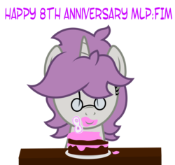 Size: 711x670 | Tagged: safe, artist:darkstorm619, derpibooru exclusive, oc, oc only, oc:snappy edit, pony, cake, candle, female, food, glasses, happy anniversary, happy birthday mlp:fim, mlp fim's eighth anniversary, simple background, solo, table, transparent background