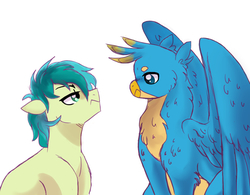 Size: 1024x800 | Tagged: safe, artist:evergreen-gemdust, gallus, sandbar, earth pony, griffon, pony, g4, looking at each other, male, rivalry, simple background, white background, wings