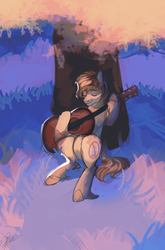 Size: 2193x3327 | Tagged: safe, artist:orfartina, oc, oc only, oc:fuzzy wuzzy, earth pony, pony, digital art, eyes closed, guitar, high res, male, peaceful, playing, sitting, smiling, solo, stallion, tree, ych result