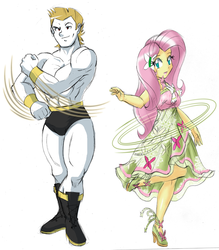 Size: 1922x2194 | Tagged: safe, artist:danmakuman, edit, bulk biceps, fluttershy, human, equestria girls, g4, clothes, commission, costume, dress, duo, female, legs, male, muscles, partial nudity, ship:flutterbulk, shipping, simple background, speedo, straight, street fighter, topless, white background, zangief