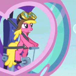 Size: 360x360 | Tagged: safe, screencap, cherry berry, twilight sparkle, alicorn, earth pony, pony, g4, testing testing 1-2-3, animated, aviator goggles, aviator hat, background pony, cropped, female, flying, goggles, hat, helicopter, mare, pedal, pedalcopter, pedaling, product placement, solo focus, twilight sparkle (alicorn)