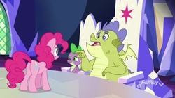 Size: 1920x1080 | Tagged: safe, screencap, pinkie pie, sludge (g4), spike, dragon, earth pony, pony, father knows beast, g4, cutie map, friendship throne, pointing, sitting, throne, throne room, twilight's castle, winged spike, wings