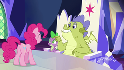 Size: 1920x1080 | Tagged: safe, screencap, pinkie pie, sludge (g4), spike, dragon, earth pony, pony, father knows beast, g4, cutie map, friendship throne, pointing, sitting, throne, throne room, twilight's castle, winged spike, wings