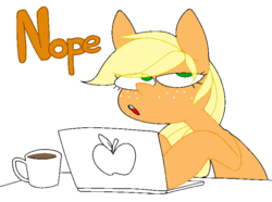 Size: 750x558 | Tagged: safe, artist:askapplejacktoo, applejack, earth pony, pony, g4, askapplejacktoo, blatant lies, coffee, computer, female, hatless, laptop computer, mare, missing accessory, simple background, solo, white background