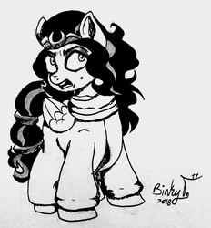 Size: 1823x1963 | Tagged: safe, artist:binkyt11, somnambula, somnambula (g1), pegasus, pony, g4, 35th anniversary, angry, beauty mark, cloak, clothes, evil, female, mare, monochrome, ponified, signature, solo, traditional art