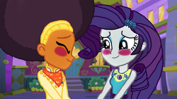 Size: 1700x956 | Tagged: safe, artist:ktd1993, rarity, saffron masala, equestria girls, g4, my little pony equestria girls: better together, afro, base used, blushing, equestria girls-ified, female, geode of shielding, lesbian, magical geodes, raffron, shipping