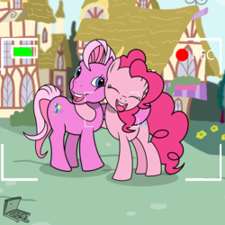 Size: 3200x3200 | Tagged: safe, artist:pizzamovies, pinkie pie, pinkie pie (g3), earth pony, pony, g3, g4, 35th anniversary, cute, diapinkes, duo, eyes closed, g3 diapinkes, generational ponidox, high res, hug, open mouth, record