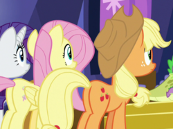 Size: 629x467 | Tagged: safe, screencap, applejack, fluttershy, rarity, pony, father knows beast, g4, butt, cropped, plot