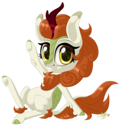 Size: 800x833 | Tagged: safe, artist:unisoleil, autumn blaze, kirin, g4, sounds of silence, chibi, cloven hooves, female, looking at you, simple background, solo, transparent background