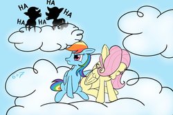 Size: 1200x800 | Tagged: safe, artist:sixes&sevens, fluttershy, rainbow dash, pony, g4, angry, bully, bullying, cloud, flight camp, inktober, inktober 2018, laughing, sad, younger