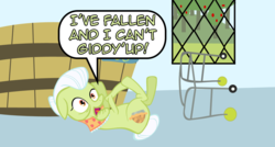 Size: 1143x614 | Tagged: safe, artist:kathyhauser, granny smith, earth pony, pony, ask pun, g4, ask, female, i've fallen and i can't get up, life alert, pun, solo, walker