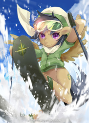 Size: 592x812 | Tagged: safe, artist:夜少, daring do, pegasus, pony, g4, clothes, female, goggles, jacket, mare, scarf, ski goggles, skiing, snow