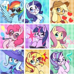 Size: 720x719 | Tagged: safe, artist:caibaoreturn, applejack, fluttershy, pinkie pie, rainbow dash, rarity, starlight glimmer, sunset shimmer, trixie, twilight sparkle, alicorn, earth pony, pegasus, pony, unicorn, apple, book, cape, china ponycon, clothes, cowboy hat, cute, cutie mark, cutie mark background, dashabetes, diapinkes, diatrixes, female, floppy ears, food, freckles, gem, glasses, glimmerbetes, hair tie, hat, horn, jackabetes, looking at you, magical quartet, magical quintet, magical trio, mane nine, mane six, mare, open mouth, party horn, raised hoof, raribetes, shimmerbetes, shyabetes, smiling, stetson, straw in mouth, sunglasses, trixie's cape, trixie's hat, twiabetes, wings