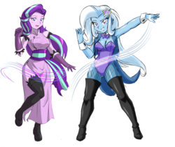 Size: 3328x2800 | Tagged: safe, artist:danmakuman, edit, editor:backgroundlol, starlight glimmer, trixie, equestria girls, armpits, boots, cheongsam, chinese dress, clothes, costume, cutie mark accessory, female, fishnets, gloves, leotard, lesbian, looking at you, magician outfit, open mouth, pantyhose, raised leg, shipping, shoes, simple background, smiling, socks, startrix, stockings, thigh boots, thigh highs, white background