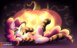 Size: 3888x2423 | Tagged: safe, artist:airiniblock, part of a set, pinkie pie, earth pony, pony, rcf community, g4, chest fluff, clothes, featureless crotch, female, halloween, high res, holiday, jack-o-lantern, lying down, mare, on back, patreon, patreon logo, pumpkin, smiling, socks, solo, stockings, striped socks, thigh highs