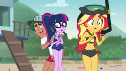 Size: 1280x720 | Tagged: safe, screencap, sci-twi, sunset shimmer, timber spruce, twilight sparkle, equestria girls, g4, my little pony equestria girls: better together, unsolved selfie mysteries, beach shorts swimsuit, belly button, bikini, clothes, coward, dive mask, female, geode of empathy, geode of telekinesis, lifeguard timber, magical geodes, male, midriff, scared, snorkel, sunset shimmer's beach shorts swimsuit, swimsuit