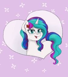 Size: 1233x1384 | Tagged: safe, artist:haruhi-il, oc, oc only, oc:white violet, pony, unicorn, female, flower, flower in hair, heart, looking at you, mare, no source, smiling, solo