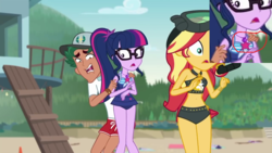 Size: 1280x720 | Tagged: safe, edit, edited screencap, screencap, sci-twi, sunset shimmer, timber spruce, twilight sparkle, equestria girls, equestria girls series, g4, unsolved selfie mysteries, beach shorts swimsuit, clothes, female, geode of telekinesis, lifeguard timber, male, scared, sunset shimmer's beach shorts swimsuit, swimsuit, trio