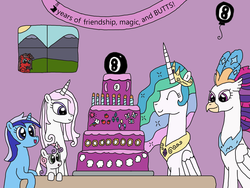Size: 2048x1536 | Tagged: safe, artist:supahdonarudo, fleur-de-lis, minuette, princess celestia, queen novo, sweetie belle, oc, oc:ironyoshi, classical hippogriff, hippogriff, g4, balloon, banner, cake, candle, food, happy birthday mlp:fim, looking out the window, magic 8 ball, mlp fim's eighth anniversary, window