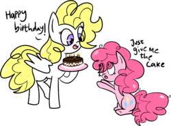 Size: 980x720 | Tagged: safe, artist:boxiee, derpibooru exclusive, pinkie pie, surprise, earth pony, pegasus, pony, g1, g4, 35th anniversary, cake, dialogue, duo, female, filly, filly pinkie pie, food, g1 to g4, generation leap, simple background, transparent background, younger