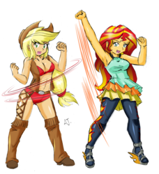 Size: 2909x3186 | Tagged: safe, artist:danmakuman, edit, editor:backgroundlol, applejack, sunset shimmer, human, equestria girls, g4, armpits, bikini, clothes, costume, cowgirl, female, high res, lesbian, pantyhose, ship:appleshimmer, shipping, simple background, white background