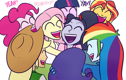Size: 1700x1080 | Tagged: safe, artist:widowmakerdaily, applejack, fluttershy, pinkie pie, rainbow dash, rarity, sunset shimmer, twilight sparkle, series:widowmaker daily, equestria girls, g4, friendship, good end, group hug, hug, humane five, humane seven, humane six, join the herd, laughing, oh no, overwatch, smiling, welcome to the herd, widowmaker, yay