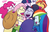 Size: 1700x1080 | Tagged: safe, artist:widowmakerdaily, applejack, fluttershy, pinkie pie, rainbow dash, rarity, sunset shimmer, twilight sparkle, series:widowmaker daily, equestria girls, g4, friendship, good end, group hug, hug, humane five, humane seven, humane six, join the herd, laughing, oh no, overwatch, smiling, welcome to the herd, widowmaker, yay